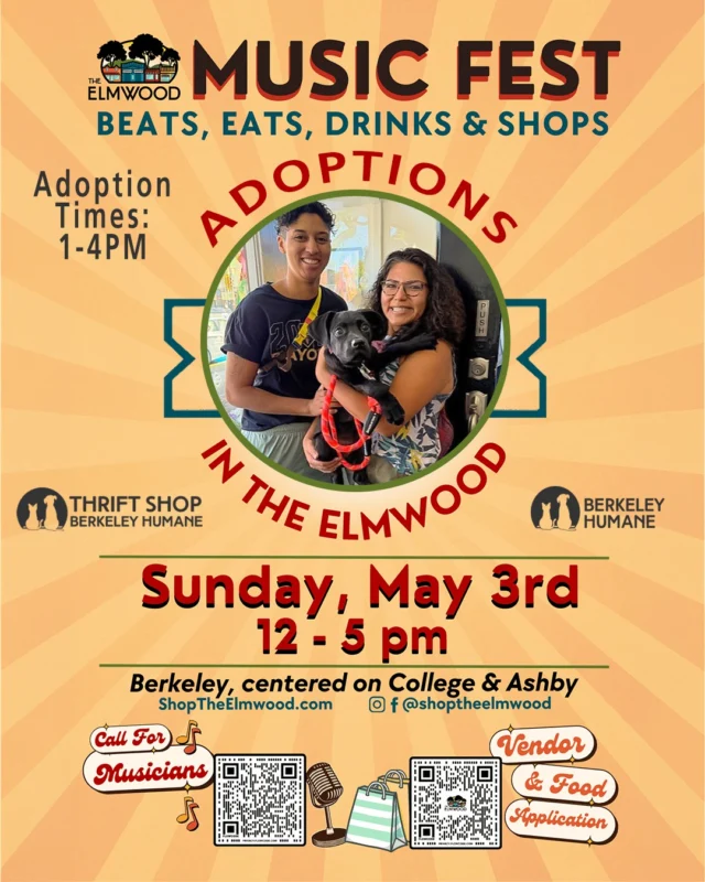 We’ll be at the heart of Elmwood Music Fest action this weekend, bringing the most adorable adoptable crew to our Ashby Thrift Shop location. These are the kinds of faces that turn a casual Sunday music fest into “so this is happening now.”
Swing through the shop, meet them in person, and see who decides they’re going home with you.

Adoptions: 1–4 PM
Sunday, May 3rd
12–5 PM
Elmwood District, Berkeley

#ElmwoodMusicFest #BerkeleyEvents #EastBayEvents #LiveMusicBayArea #ThingsToDoBerkeley #ShopLocalBerkeley #BerkeleyWeekend #AdoptDontShop #AdoptablePets #RescuePets #ShelterPets #PetAdoption #AdoptableDogs #AdoptableCats #BayAreaPets #BerkeleyHumaneLove
