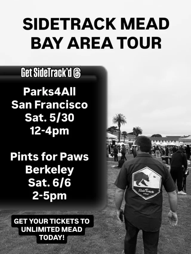 🗺️ 🚌 🍻 WE’RE GOIN’ ON TOUR! 🍻🚌🗺️

That’s right! My wife and I will be traveling the bay the next two weekends pouring unlimited mead at a couple spectacular events:

🌁 Looking for something to do this Saturday? How about UNLIMITED MEAD and live music in the park right next to the iconic Golden Gate Bridge! Parks4All Brewfest is back at it with another fun day in the park to raise funds for the Golden Gate National Parks Comservancy ( goldengatenps ). If you use the promo code “parksandbeer” you can get $5 off your ticket. 

🐱🐶 Come Get SideTrack’d with us next weekend (6/6) at berkeleyhumane ’s 12th annual Pints for Paws! We’re thrilled to be back with unlimited mead pouring at this fun event! Bring your fur baby out and if you don’t have one it’s the perfect place to adopt one! Sales go to supporting the local animal shelter (Berkeley Humane Society) and, from what I hear, does sell out every year so grab them tickets while they are available!

Parks4All - Sat. 5/30 - 12-4pm - Presidio, San Francisco
Tickets @ parksconservancy.org/events/parks4all-brewfest-2026

Pints for Paws - Sat. 6/6 - 2-5pm - Berkeley
Tickets @ berkeleyhumane.org/events/pints-for-paws/

#getsidetrackd #supportp4p #parks4allbrewfest #brewfest #baytour